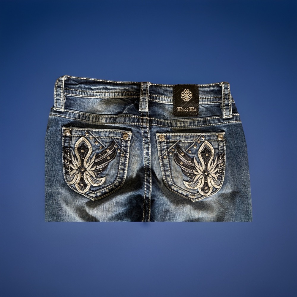 Miss Me Chloe Boot Jeans Womens 26 x 34 Blue Mid Rise Bootcut Fleur De Lis Bling - Picture 7 of 8